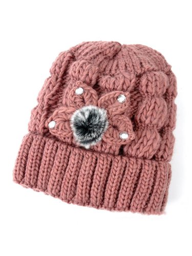 Wool Ball Rhinestone Knitted Warm Hat