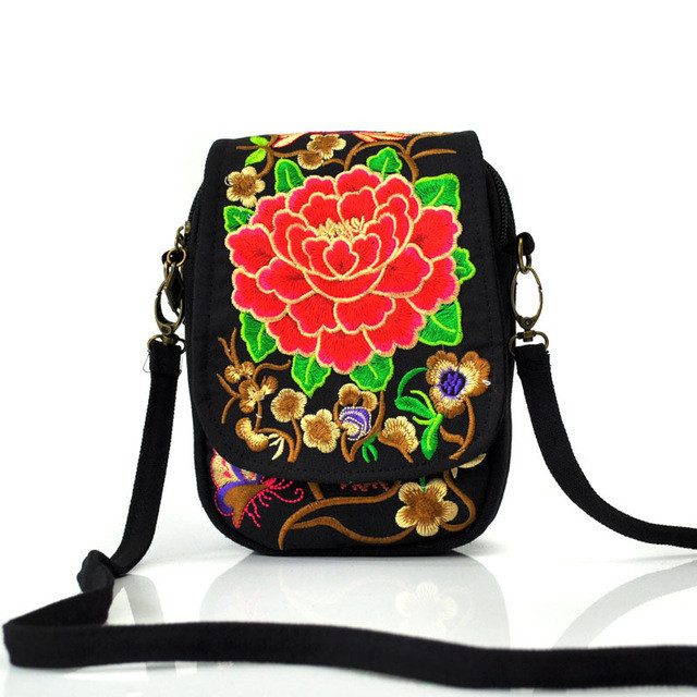 Women Vintage Embroidery Zero Wallet Mobile  Phone Packages Handbag Shoulder Bag