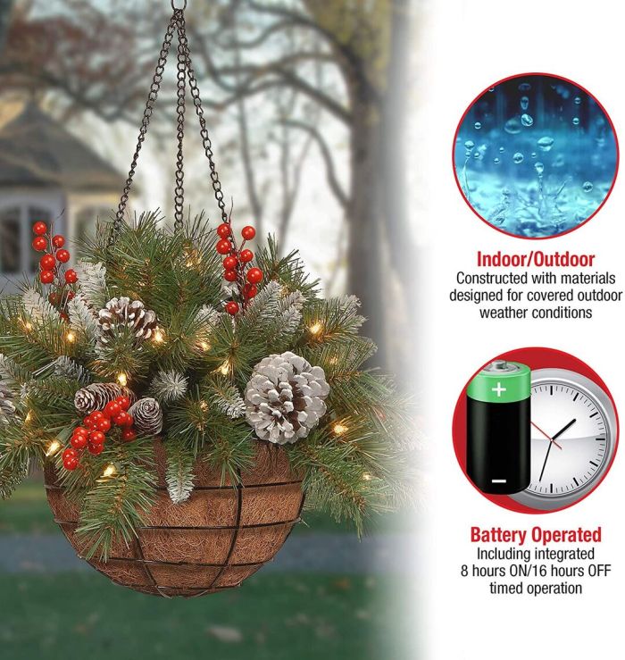 🎄Christmas Sale 50% OFF🎄Pure-handmade Pre-lit Artificial Christmas Hanging Basket - Flocked with Mixed Decorations and White LED Lights