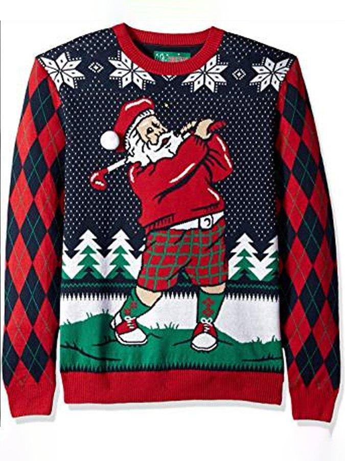 Christmas bowling Sweater Red Crew Neck Casual Abstract Tops