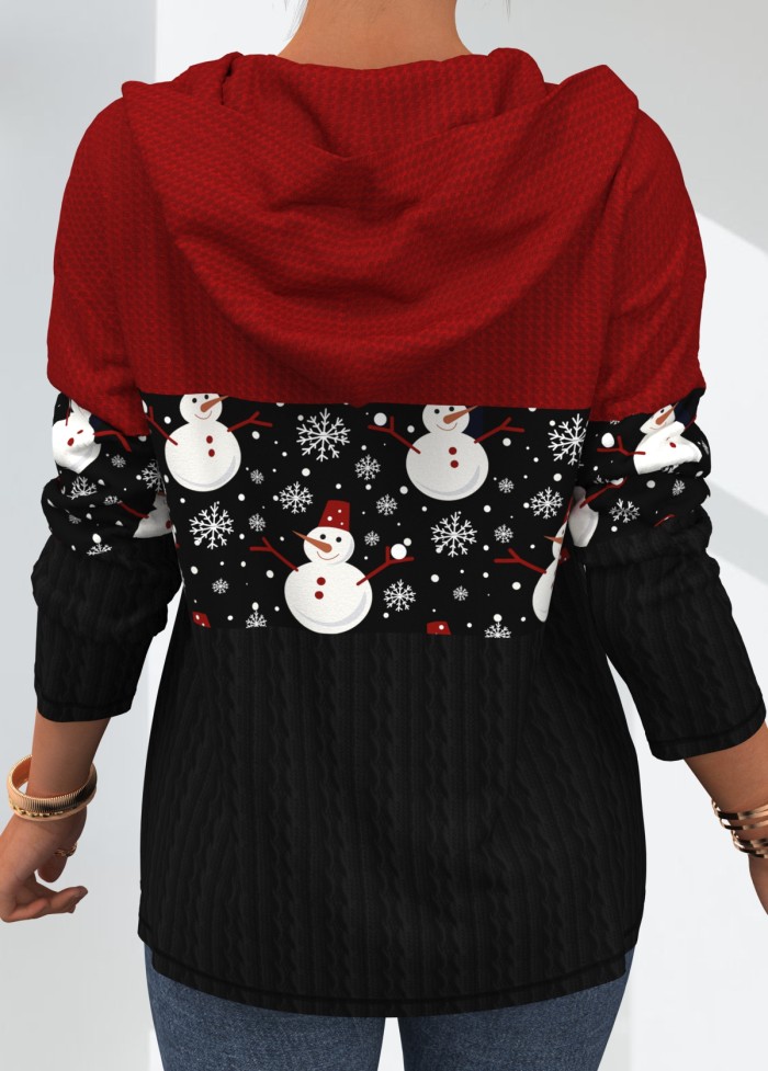 Twisted Pattern Red Quarter Zip Christmas Snowman Print Hoodie