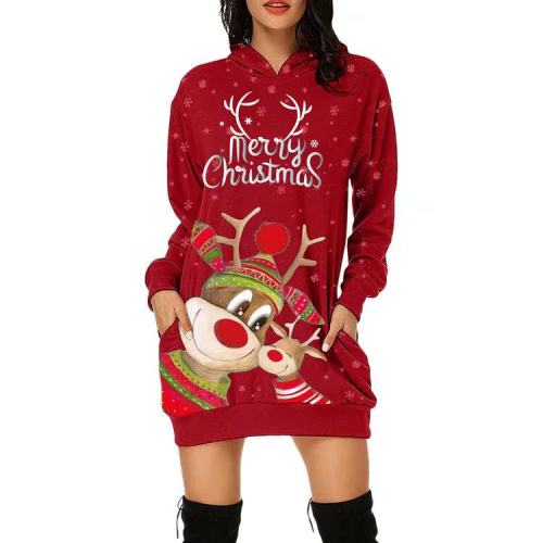 Christmas Print Long Sleeve Pocket Hoodie Loose Dress