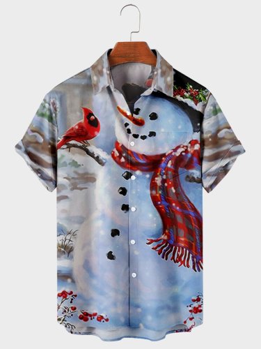 Men's Christmas Snowman Print Short Sleeve Pocket Shirt