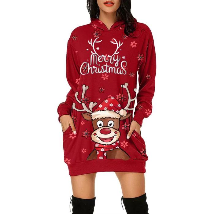 Christmas Print Long Sleeve Pocket Hoodie Loose Dress