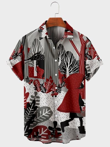 Casual Men's Little Red Riding Hood Printed Hawaiian Shirts Short Sleeve Tops