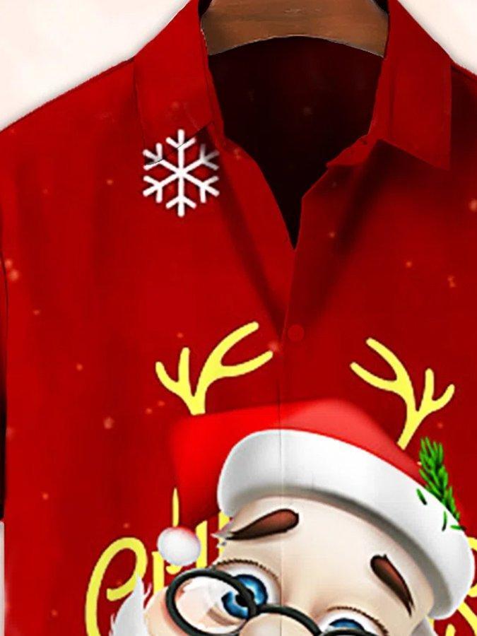 Mens Christmas Santa Print Loose Short Sleeve Shirts