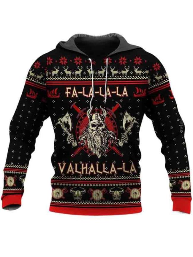 Men's Casual Viking Valhalla Black and Red Hoodie