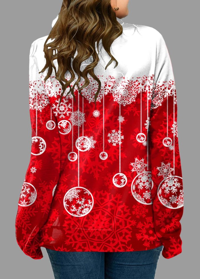Red Christmas Snowflake Print Ombre Drawstring Hoodie
