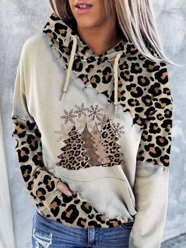 Leopard Christmas Tree Snowflake Splicing Drawstring Hoodie
