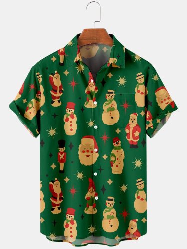 Christmas Men's Shirts Santa Snowman Printed Short Sleeve Tops