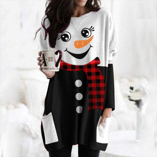 Christmas Hoodies Snowman Print Top Tee Women Long Sleeve Hoodie