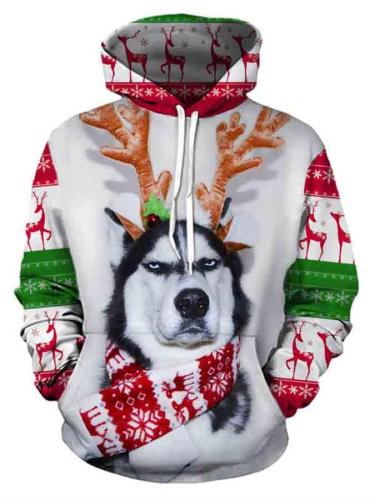 Men's Christmas Elk Dog Print Long Sleeve Pullover Hoodie