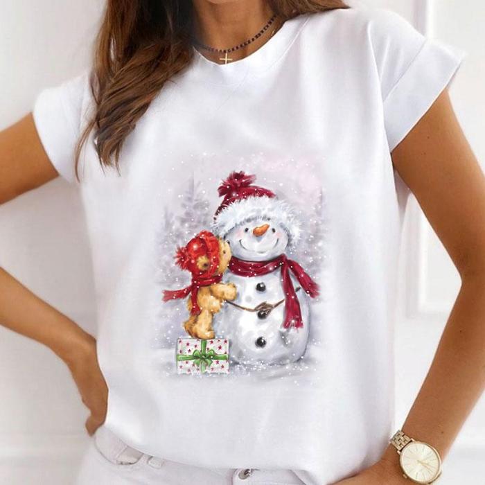 Lovely 2021 Christmas Women White T-Shirt H