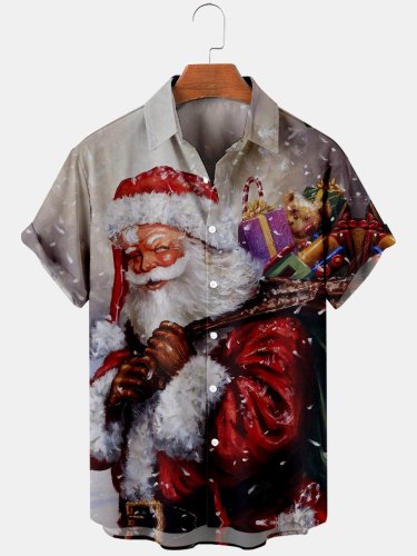 Mens Christmas Santa Printed Casual Breathable Short Sleeve Shirts