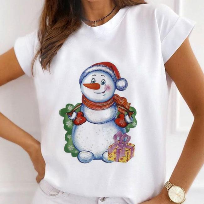 2021 NEW Fashion Printed Christmas White T-Shirt Women O