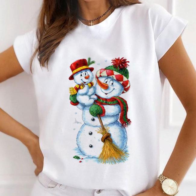 2021 NEW Fashion Printed Christmas White T-Shirt Women J