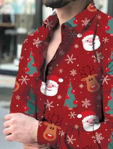 Men's Ugly Christmas Long Sleeve Shirt Funny Santa Print Top