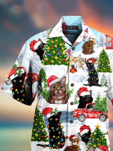 Christmas lights cat shirt men's funny christmas  short sleeve top