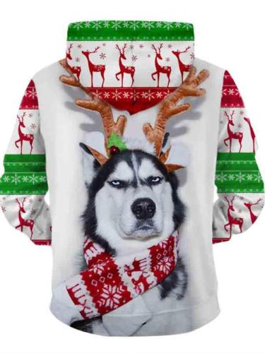 Men's Christmas Elk Dog Print Long Sleeve Pullover Hoodie