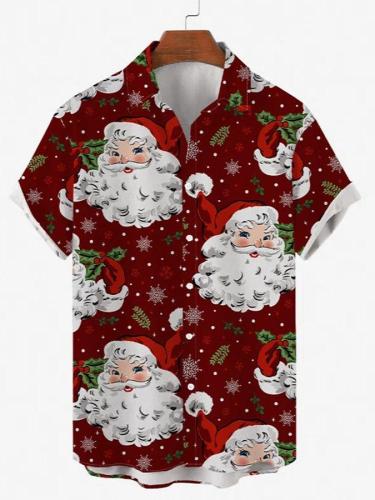 Mens Christmas Santa Print Round Hem Loose Short Sleeve Shirts