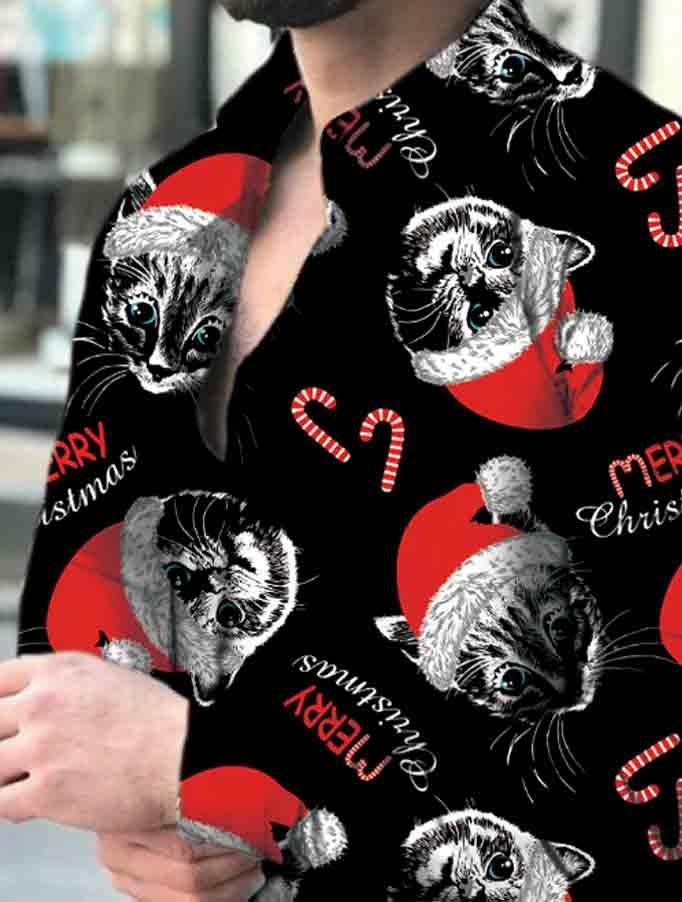 Men's Personalized Christmas Cat Long Sleeve Shirt