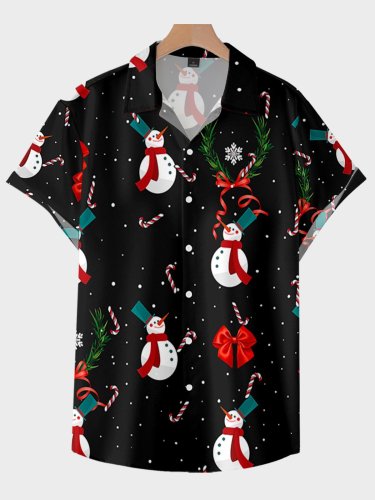 Men's Christmas Snowman Print Loose Short Sleeve Shirt