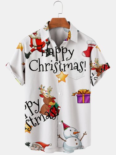Men's Casual Happy Christams Shirt Carton Printed Short Sleeve Top