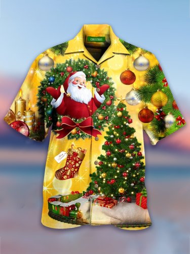 Men's Fun Santa Claus Shirts Christmas Tree Printed Short Sleeve Top