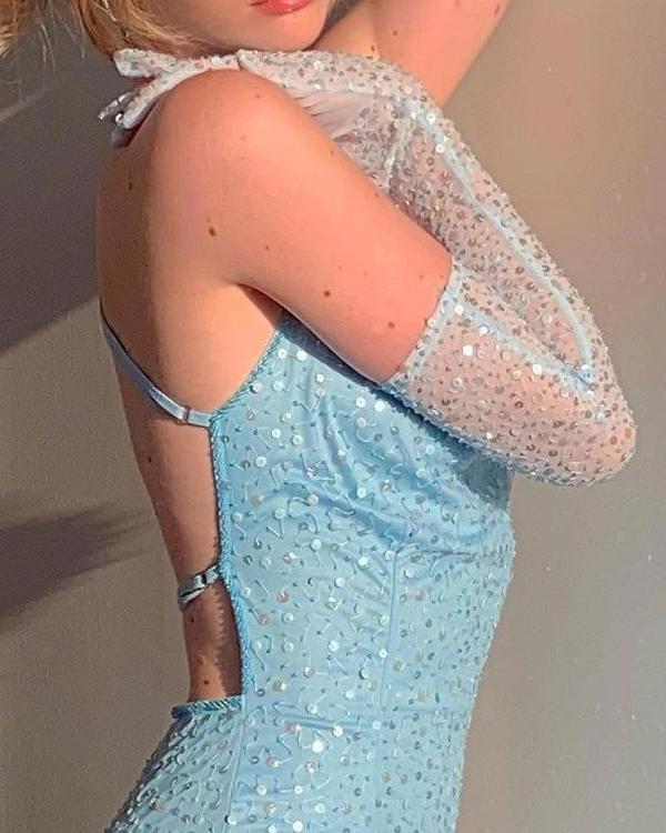 Sexy Blue Sequins Backless Mini Prom Dress with Gloves