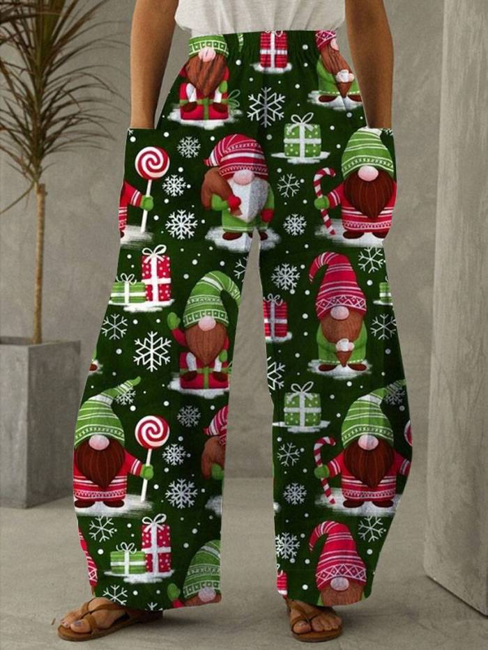 Christmas Gnomes Print Vintage Casual Loose Pants