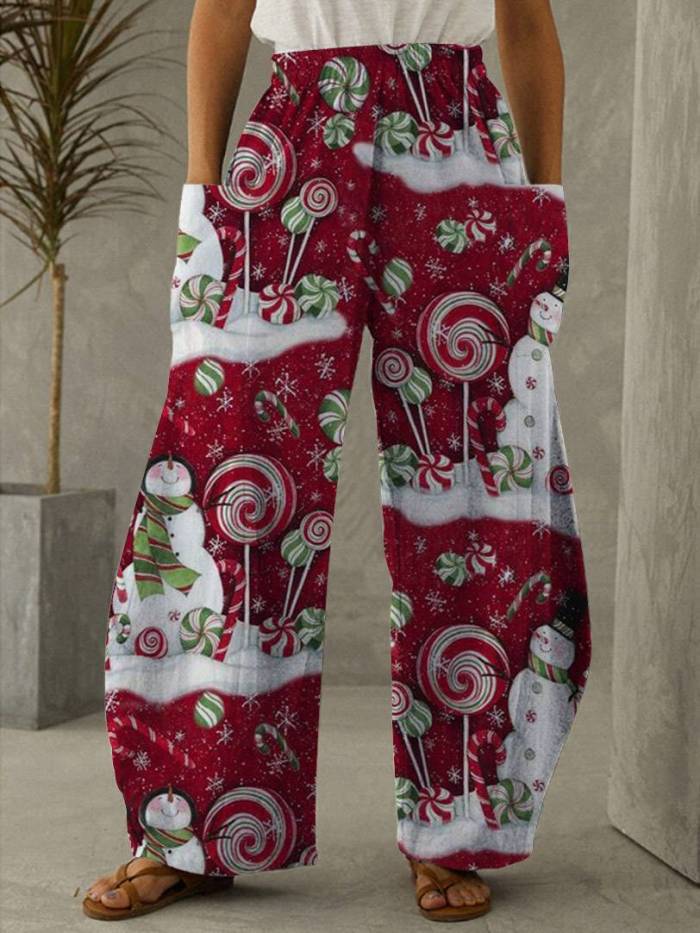 Christmas Snowman Candy Print Casual Loose Pants