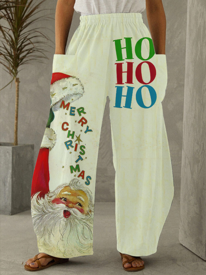 Christmas Santa Ho Ho Ho Print Vintage Casual Loose Pants