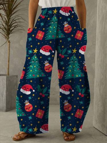 Cute Christmas Tree And Hat Print Casual Pants