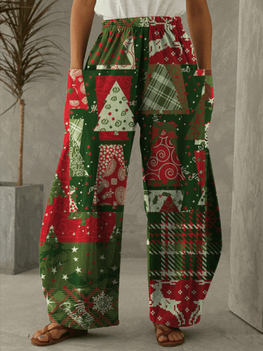 Christmas Tree Plaid Print Casual Loose Pants
