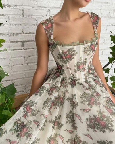 Flowery Square Neck Lace Midi Corset Dress