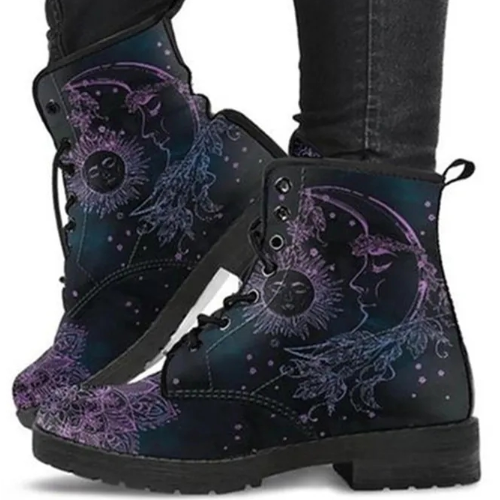 Casual Martin Ankle Boots With Moon & Sun Print
