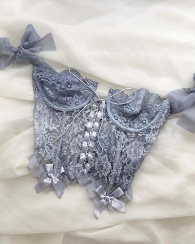 Grey Blue Lace  Bow Strap Crotchet Ribbon Padded Bustier Tops Cute Vest