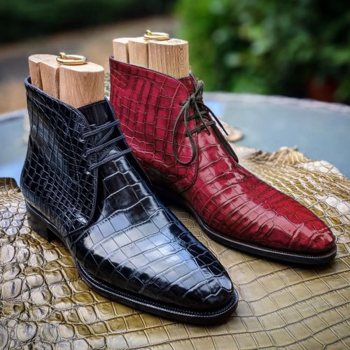 Men's Burgundy Half Ankle Chukka Alligator Texture Lace Up Boots