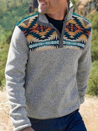 Men's Casual Ethnic Style Button Gray Printed Sweater
