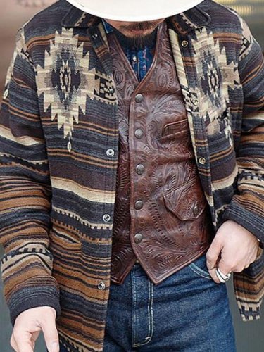 Men's Casual Vintage Pocket Colorblock Polyester Jacket