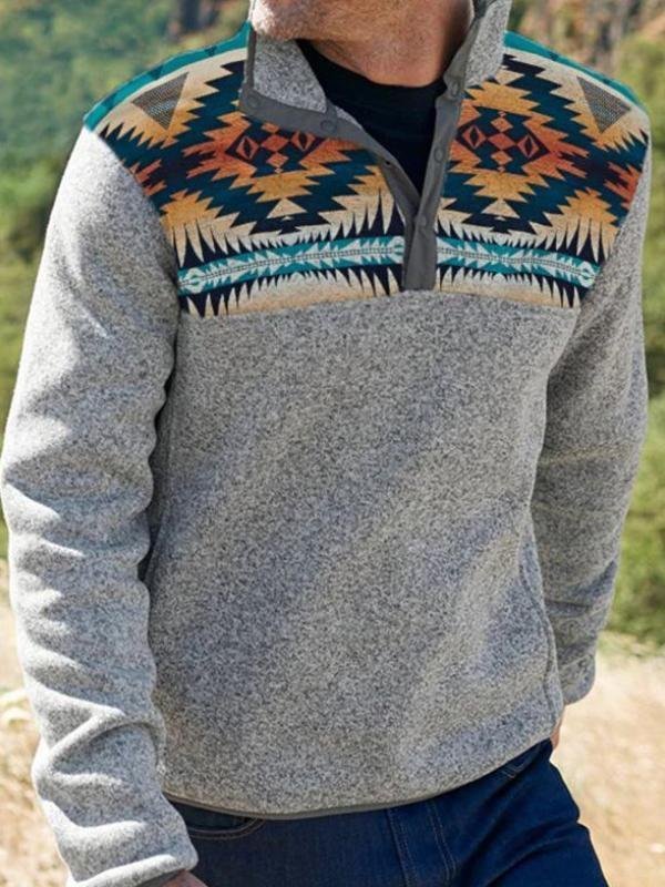 Men's Casual Ethnic Style Button Gray Printed Sweater
