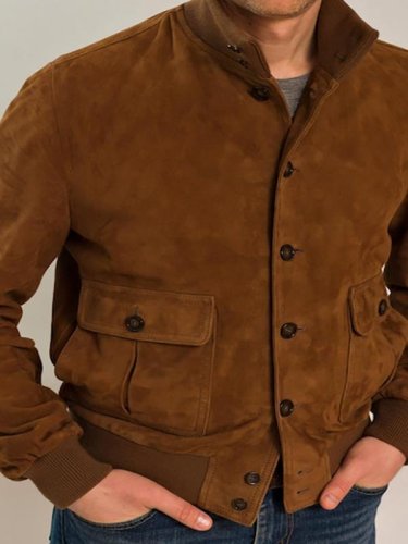 Men's Casual Vintage Pocket Solid Color Polyester Jacket