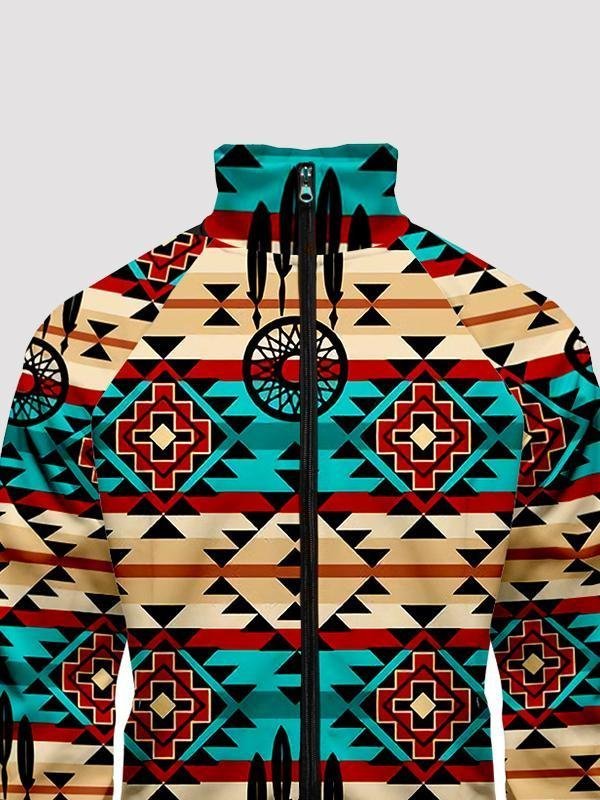 Men's Ethnic Style 3D Digital Geometric Print Stand Collar Zipper Jacket
