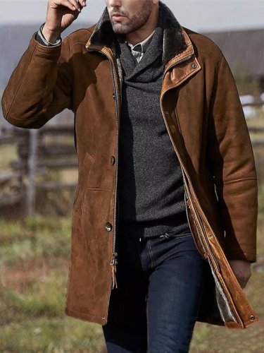 Men's Casual Collar and Leather Mid-length Suede Coat