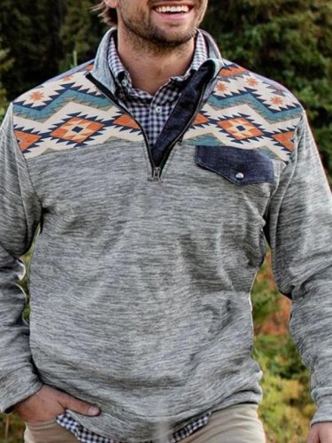 Men's Ethnic Printed Side Pocket Zipper Sweater