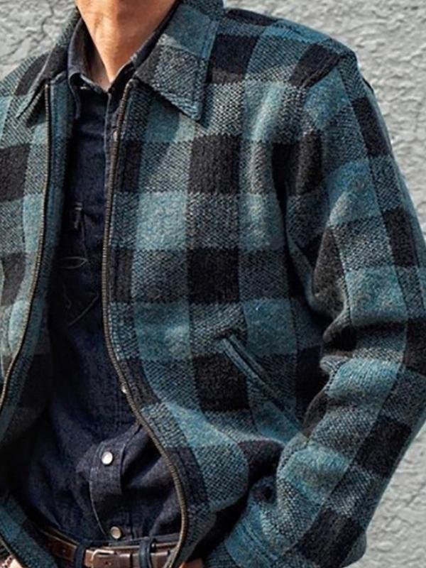 Men's Fashion Casual Lapel Stitching Plaid Zipper Jacket
