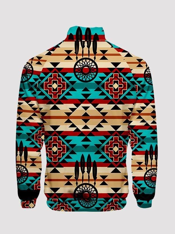 Men's Ethnic Style 3D Digital Geometric Print Stand Collar Zipper Jacket