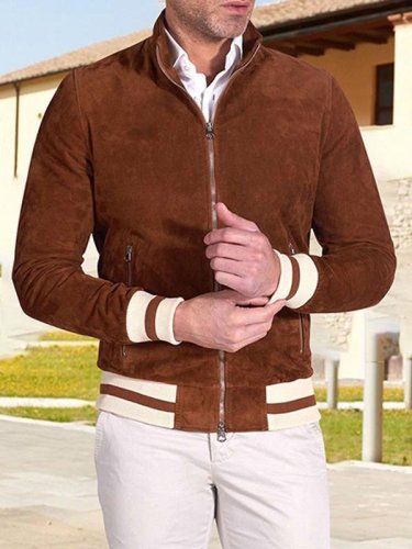 Men's Casual Striped Stitching Zipper Pocket Jacket