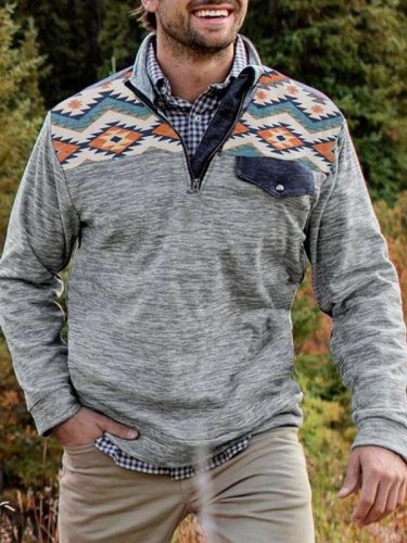 Men's Ethnic Printed Side Pocket Zipper Sweater