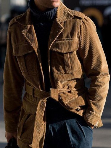 Men's Retro Corduroy Belt Lapel Jacket